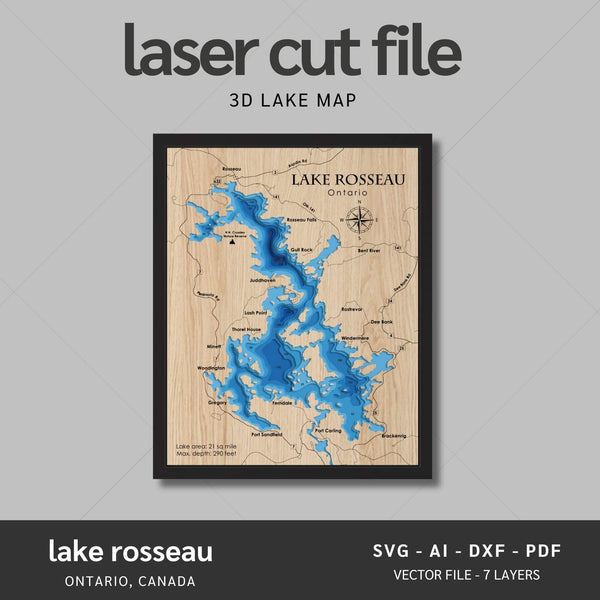 Lake Rosseau, Ontario Laser Map Files - 7 Layers - Svg/Ai/Dxf/Pdf