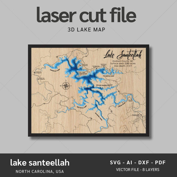 Lake Santeellah, North Carolina Laser Map Files - 8 Layers - Svg/Ai/Dxf/Pdf