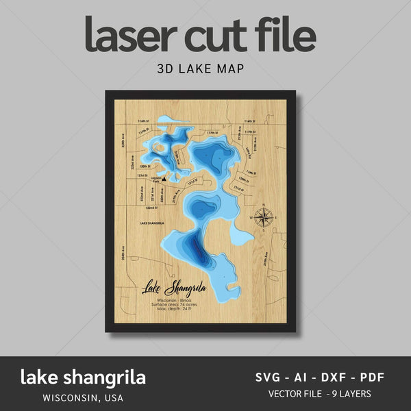 Lake Shangrila, Wisconsin Laser Map Files - 9 Layers - Svg/Ai/Dxf/Pdf