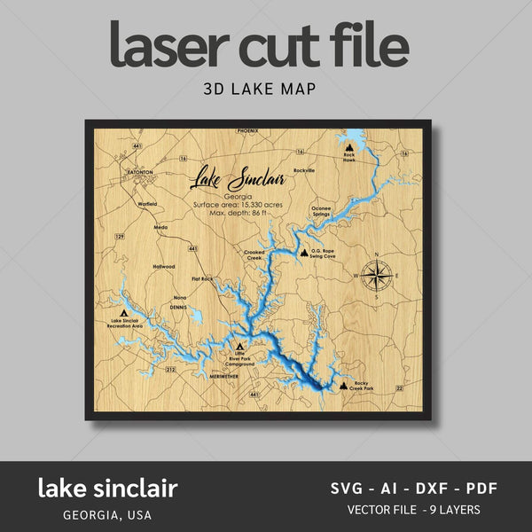 Lake Sinclair, Georgia Laser Map Files - 9 Layers - Svg/Ai/Dxf/Pdf