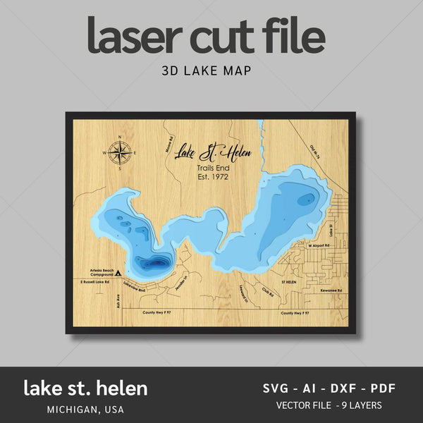 Lake St. Helen, Michigan Laser Map Files - 9 Layers - Svg/Ai/Dxf/Pdf