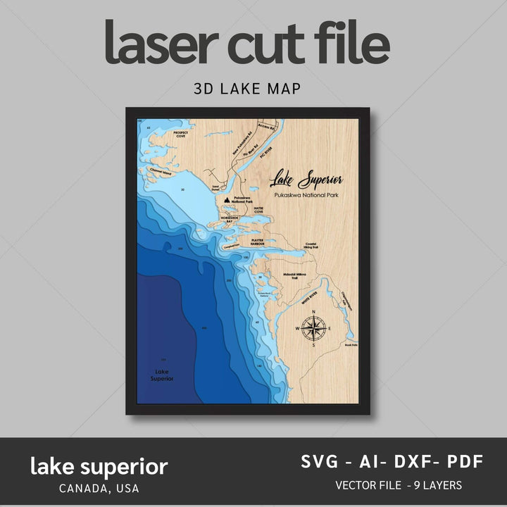 Intricate Lake Superior 3D Laser Cut Map Files with personalization options, presented by Moc Tho