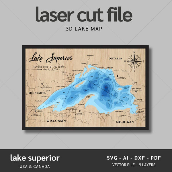 Lake Superior Laser Map Files - 9 Layers - Svg/Ai/Dxf/Pdf