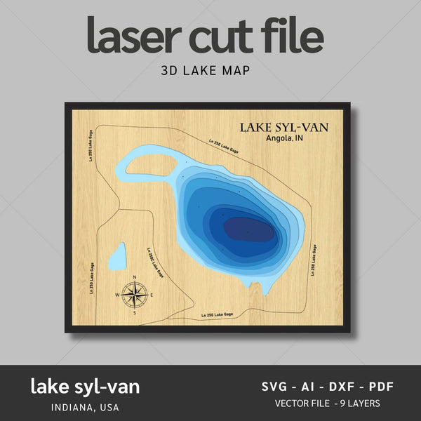 Lake Syl-Van, Indiana Laser Map Files - 9 Layers - Svg/Ai/Dxf/Pdf