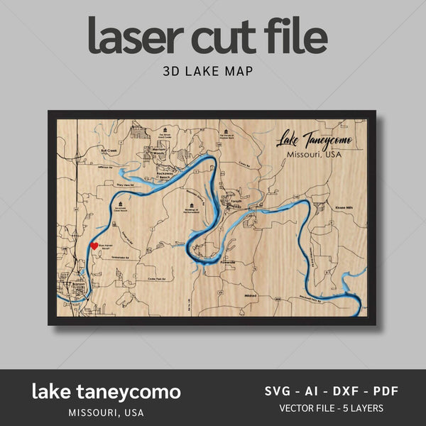 Lake Taneycomo, Missouri Laser Map Files - 5 Layers - Svg/Ai/Dxf/Pdf