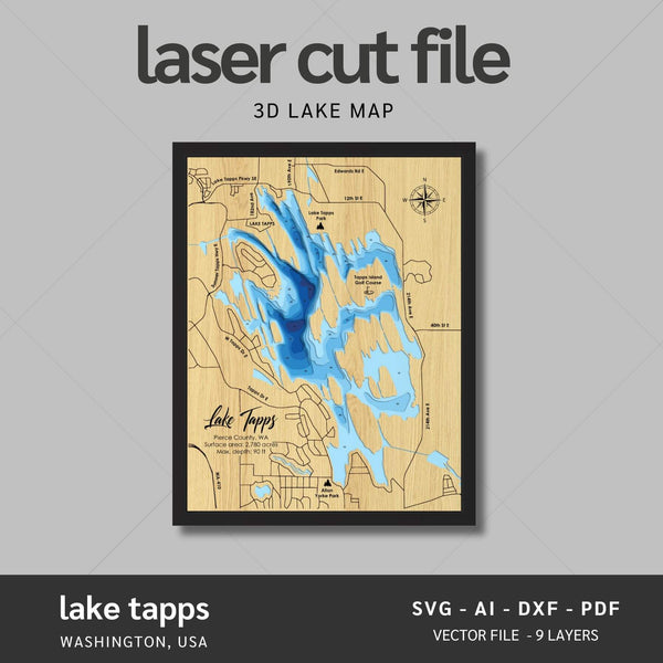 Lake Tapps, Washington Laser Map Files - 9 Layers - Svg/Ai/Dxf/Pdf