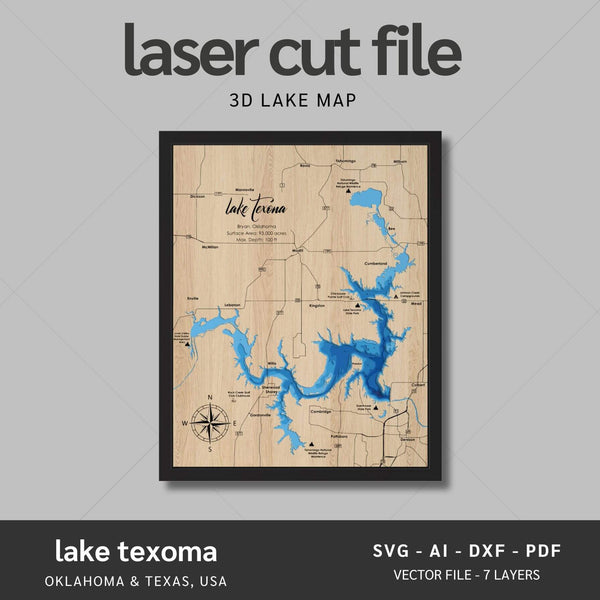 Lake Texoma Laser Map Files - 7 Layers - Svg/Ai/Dxf/Pdf