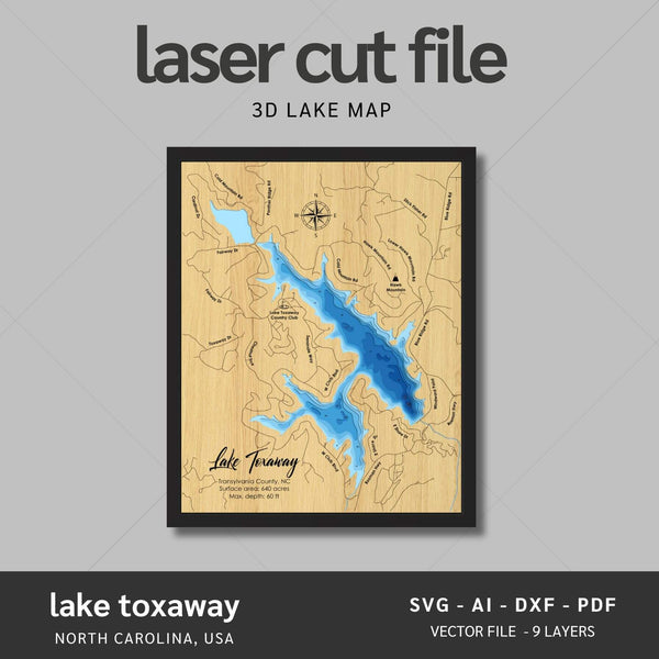 Lake Toxaway, North Carolina Laser Map Files - 9 Layers - Svg/Ai/Dxf/Pdf