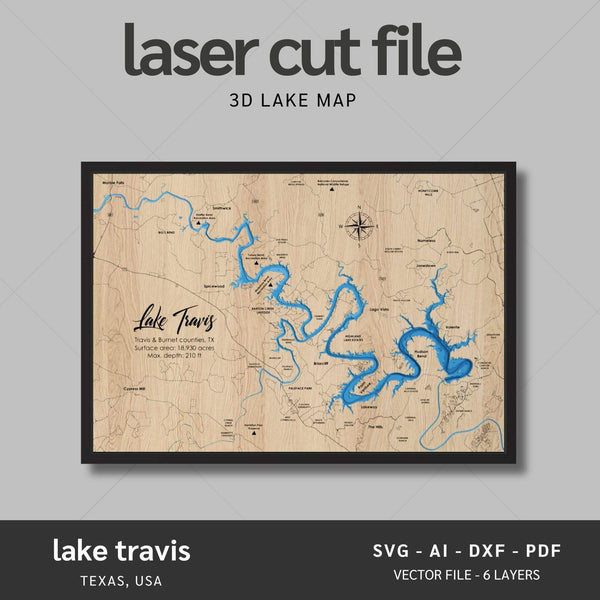 Lake Travis, Texas Laser Map Files - 6 Layers - Svg/Ai/Dxf/Pdf