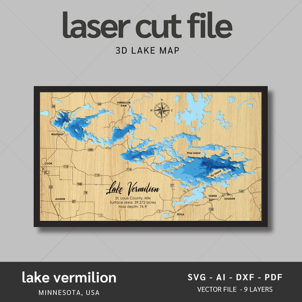 Lake Vermillion, Minnesota Laser Map Files - 9 Layers - Svg/Ai/Dxf/Pdf