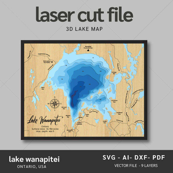 Intricate Lake Wanapitei 3D Laser Cut Map Files with personalization options, presented by Moc Tho