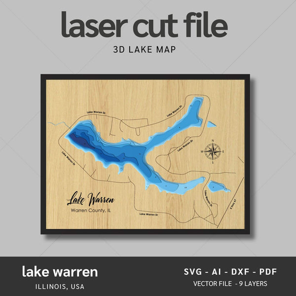 Lake Warren, Illinois Laser Map Files - 9 Layers - Svg/Ai/Dxf/Pdf