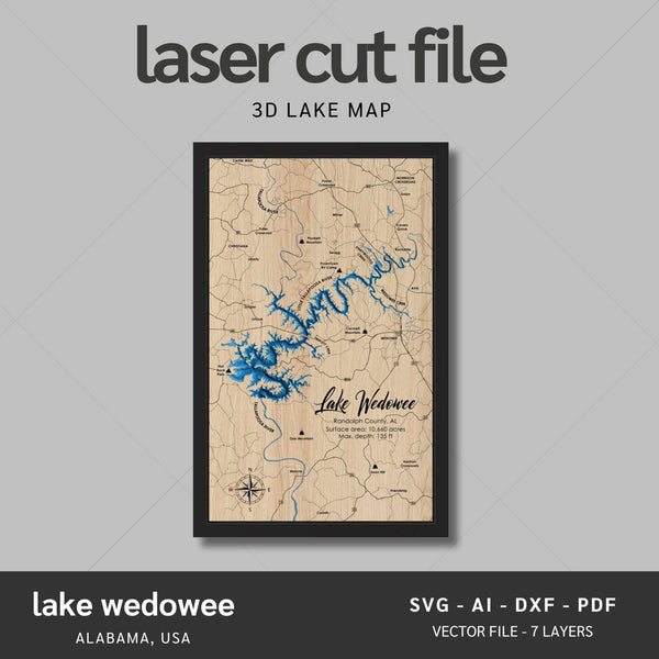 Lake Wedowee, Alabama Laser Map Files - 7 Layers - Svg/Ai/Dxf/Pdf