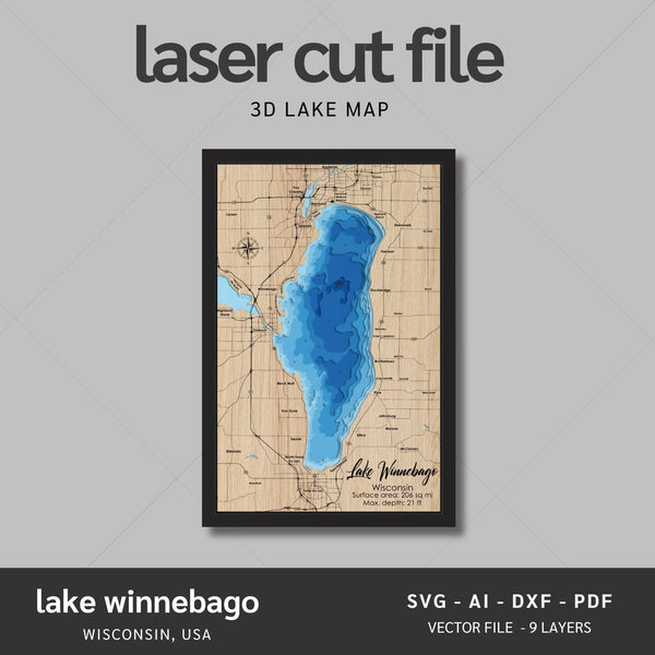 Lake Winnebago, Wisconsin Laser Map Files - 9 Layers - Svg/Ai/Dxf/Pdf