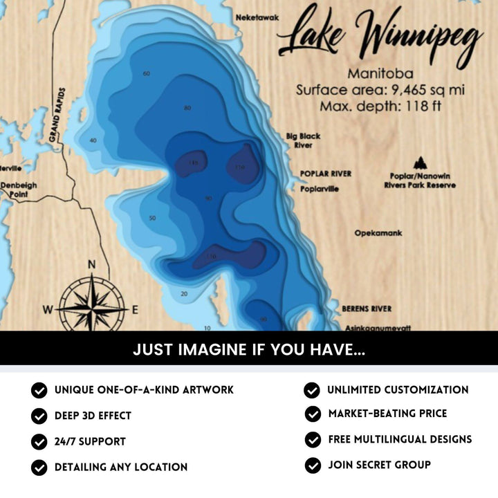 Lake Winnipeg, Canada Laser Map Files 9 Layers Svg/Ai/Dxf/Pdf Moc