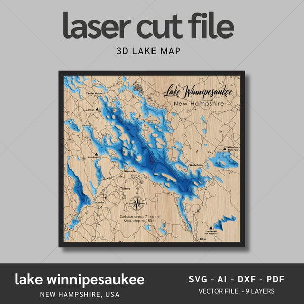 Lake Winnipesaukee, New Hampshire Laser Map Files - 9 Layers - Svg/Ai/Dxf/Pdf