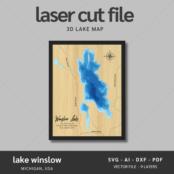 Lake Winslow, Michigan Laser Map Files - 9 Layers - Svg/Ai/Dxf/Pdf