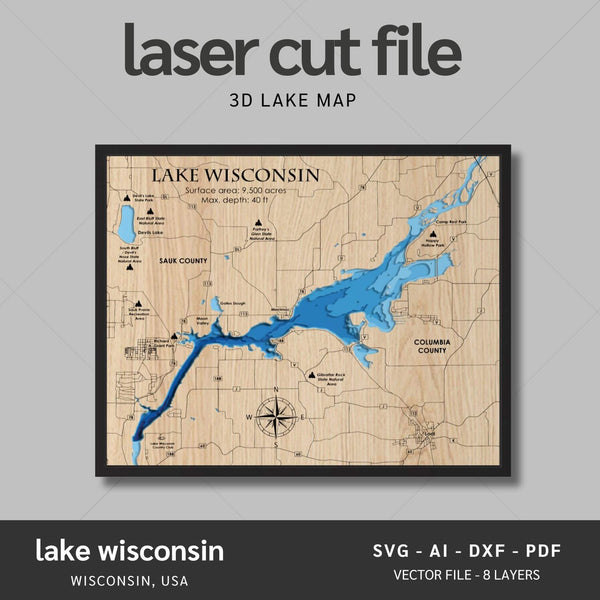 Lake Wisconsin Laser Map Files - 8 Layers - Svg/Ai/Dxf/Pdf