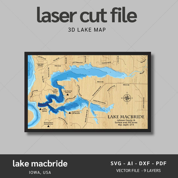 Lake Macbride, Iowa Laser Map Files - 9 Layers - Svg/Ai/Dxf/Pdf