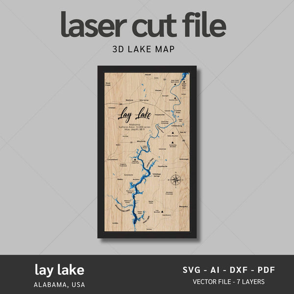 Lay Lake, Alabama Laser Map Files - 7 Layers - Svg/Ai/Dxf/Pdf