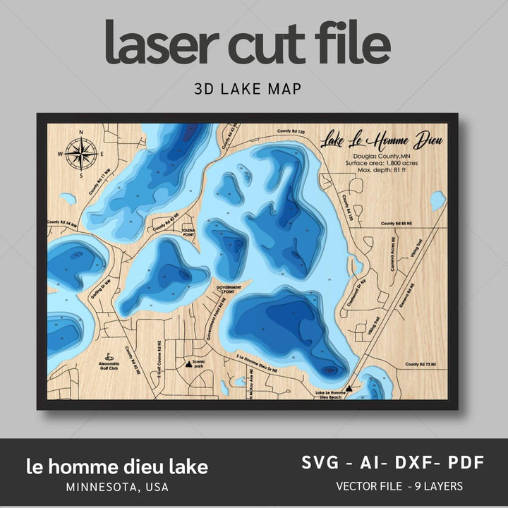 Intricate Le Homme Dieu Lake 3D Laser Cut Map Files with personalization options, presented by Moc Tho