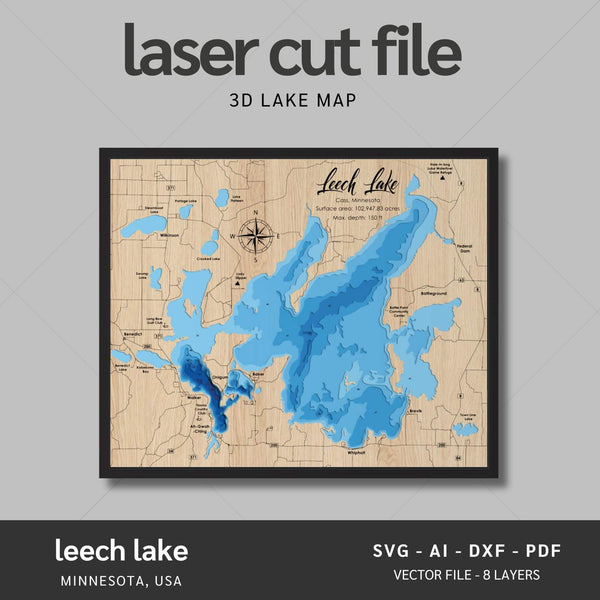 Leech Lake, Minnesota Laser Map Files - 8 Layers - Svg/Ai/Dxf/Pdf