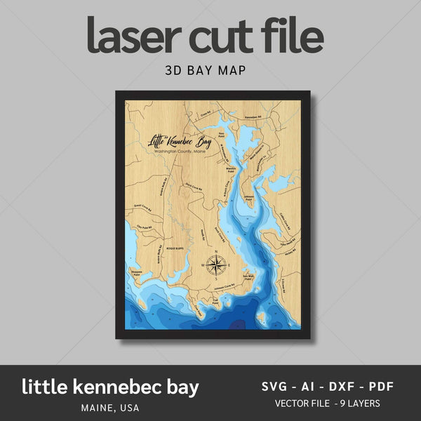 Little Kennebec Bay, Maine Laser Map Files - 9 Layers - Svg/Ai/Dxf/Pdf