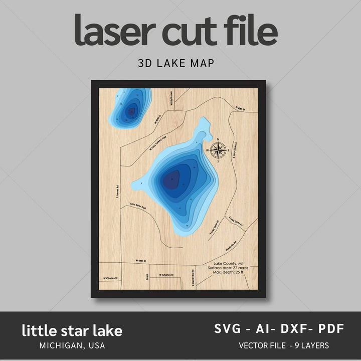 Intricate Little Star Lake 3D Laser Cut Map Files with personalization options, presented by Moc Tho