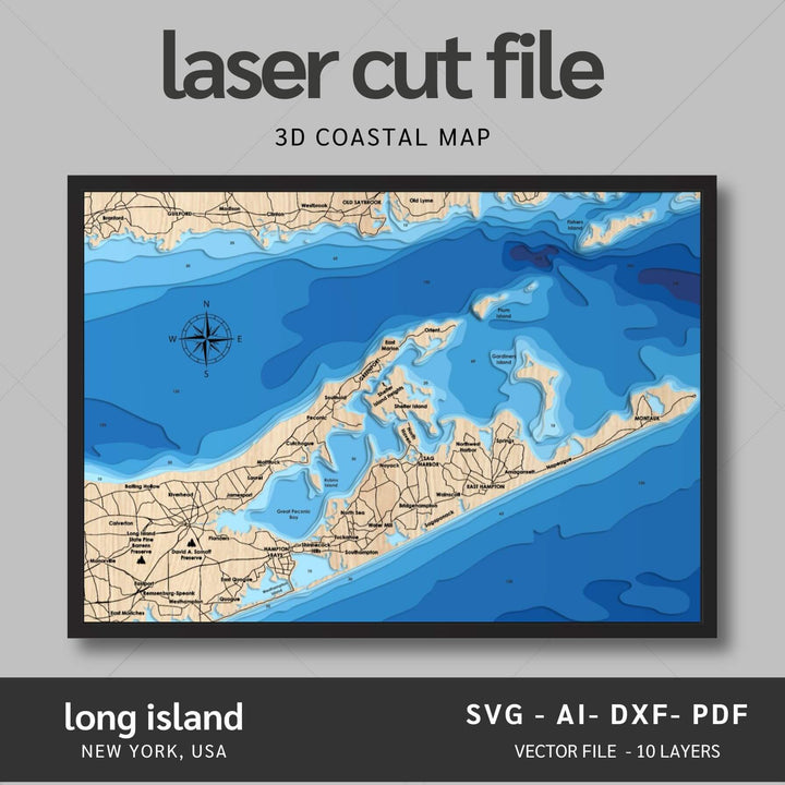 Intricate Long Island 3D Laser Cut Map Files with personalization options, presented by Moc Tho