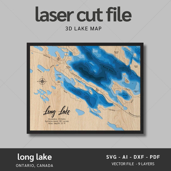 Long Lake, Ontario Laser Map Files - 9 Layers - Svg/Ai/Dxf/Pdf