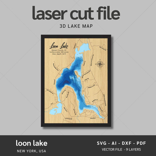 Loon Lake, New York Laser Map Files - 9 Layers - Svg/Ai/Dxf/Pdf