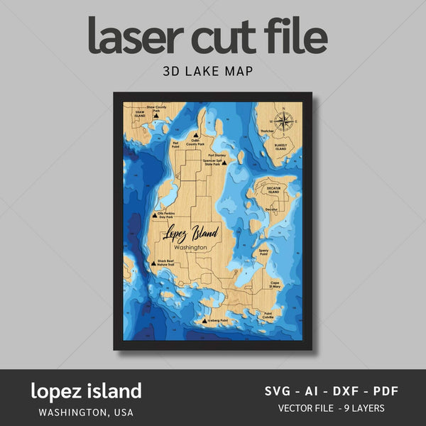 Lopez Island, Washington Laser Map Files - 9 Layers - Svg/Ai/Dxf/Pdf