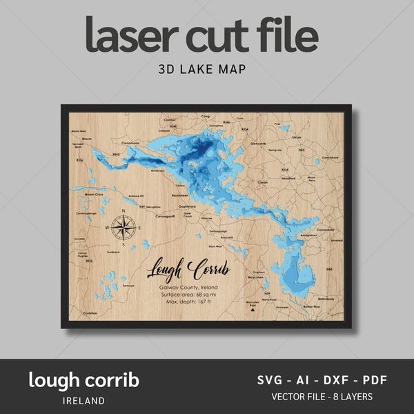 Lough Corrib, Ireland Laser Map Files - 8 Layers - Svg/Ai/Dxf/Pdf