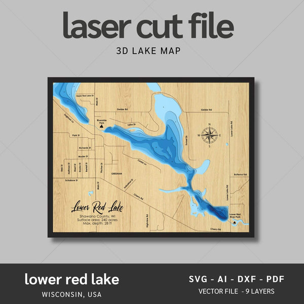 Lower Red Lake, Wisconsin Laser Map Files - 9 Layers - Svg/Ai/Dxf/Pdf