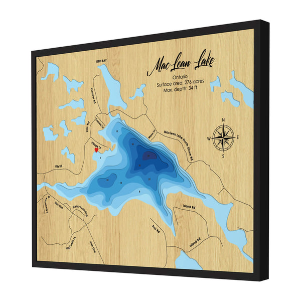 MacLean Lake Map, Canada - Personalized 3D Wooden Map - Depth Map Wall Art - Nautical Decor for Lake House