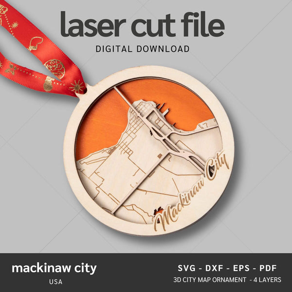 Mackinaw City, Michigan USA City Map Ornaments Files - 4 Layers - Svg/Ai/Dxf/Pdf