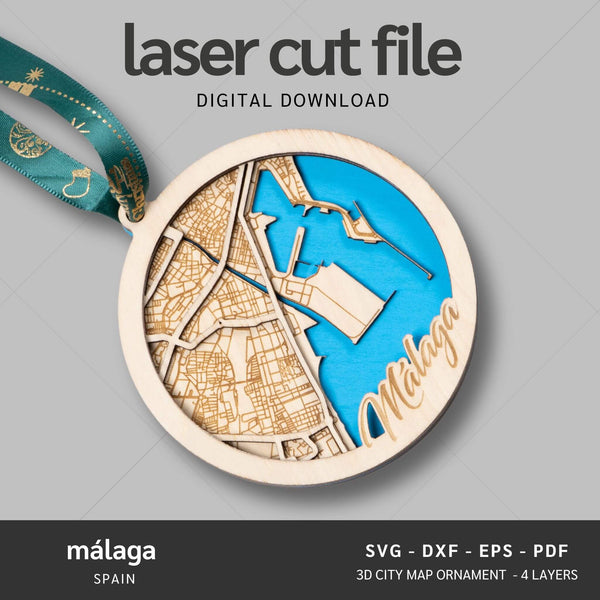 Malaga, Spain City Map Ornaments Files - 4 Layers - Svg/Ai/Dxf/Pdf