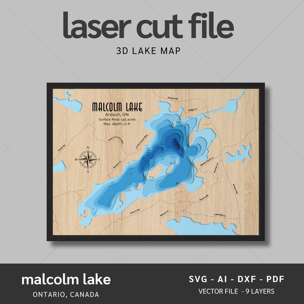 Malcolm Lake, Ontario Laser Map Files - 9 Layers - Svg/Ai/Dxf/Pdf