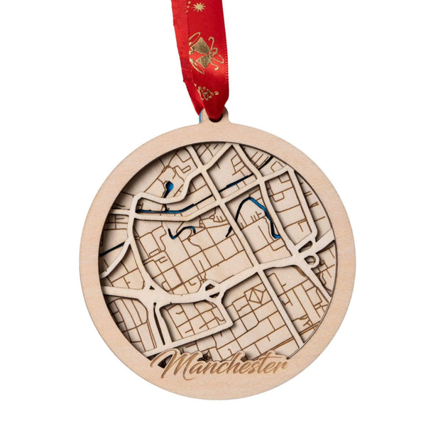 Manchester, UK 3D Wooden City Map Ornament – 4.5’’x4’’ - Blue