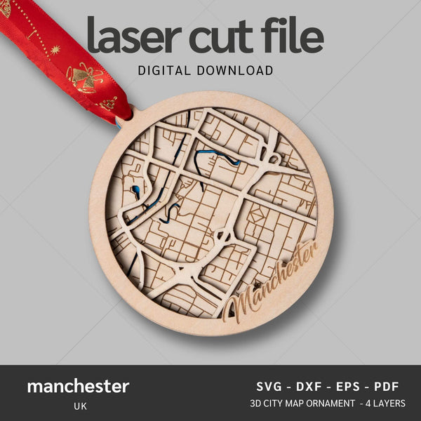 Manchester, UK City Map Ornaments Files - 4 Layers - Svg/Ai/Dxf/Pdf