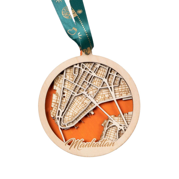 Manhattan, New York USA 3D Wooden City Map Ornament – 4.5’’x4’’ - Blue