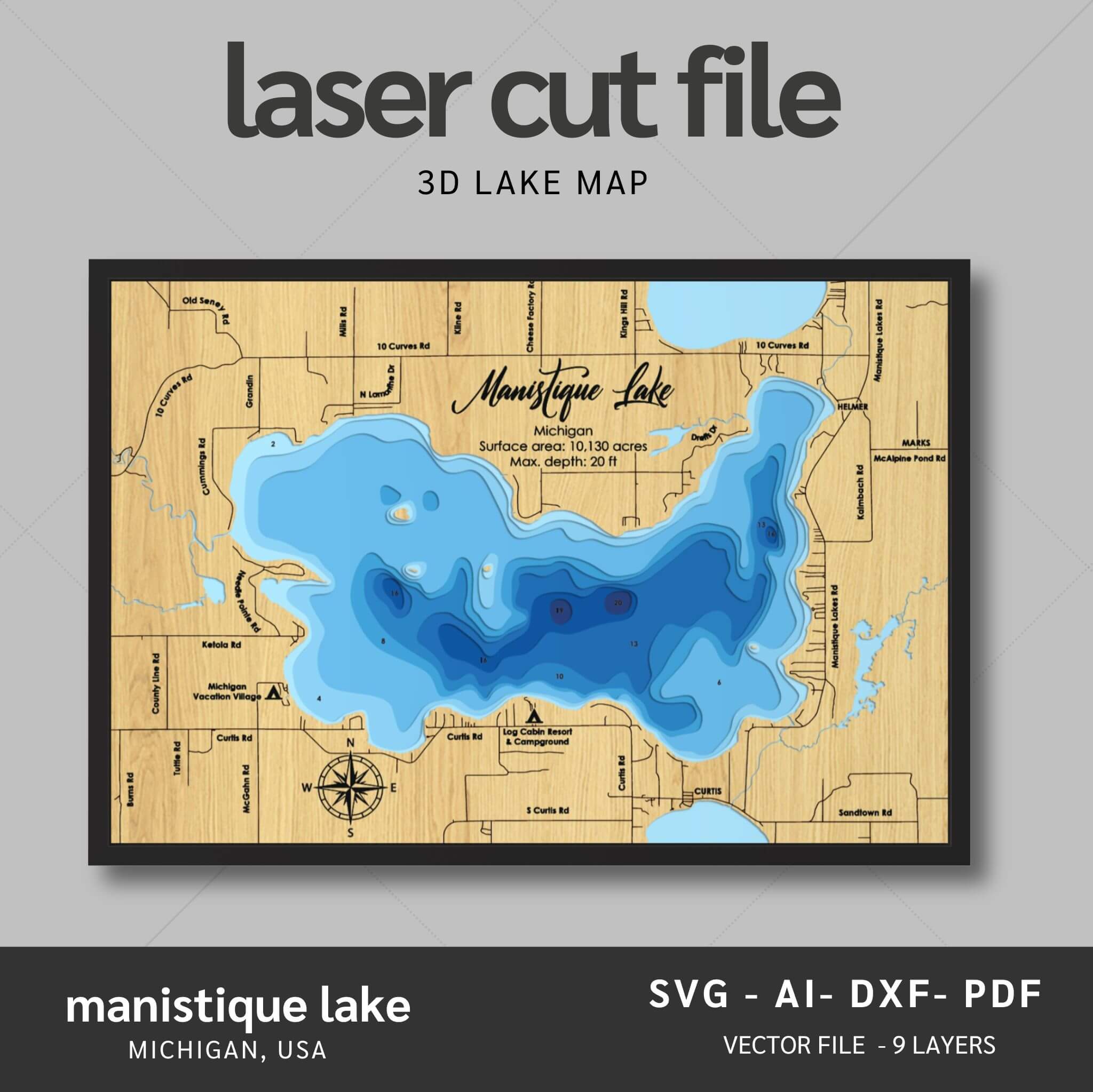 Manistique Lake, Michigan Laser Map Files - 9 Layers - Svg/Ai/Dxf/Pdf ...