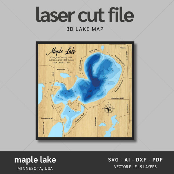 Maple Lake, Minnesota Laser Map Files - 9 Layers - Svg/Ai/Dxf/Pdf