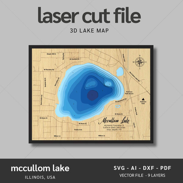 McCullom Lake, Illinois Laser Map Files - 9 Layers - Svg/Ai/Dxf/Pdf