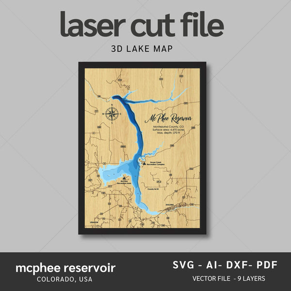 Intricate McPhee Reservoir 3D Laser Cut Map Files with personalization options, presented by Moc Tho