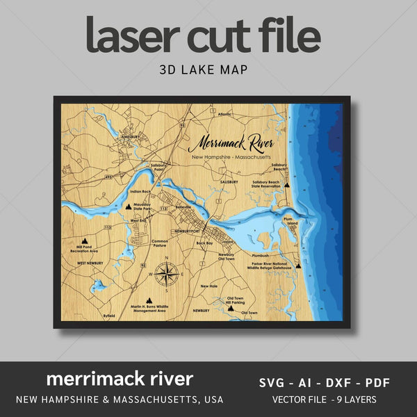 Merrimack River Laser Map Files - 9 Layers - Svg/Ai/Dxf/Pdf