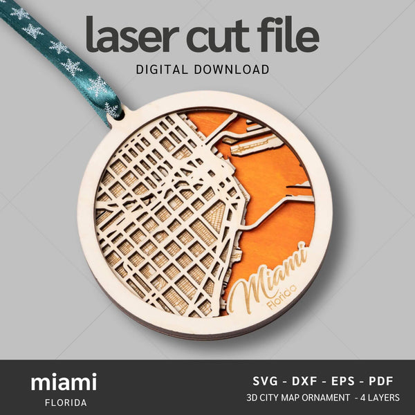 Miami, FL City Map Ornaments Files - 4 Layers - Svg/Ai/Dxf/Pdf