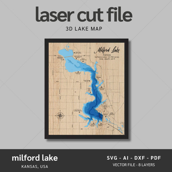 Milford Lake, Kansas Laser Map Files - 8 Layers - Svg/Ai/Dxf/Pdf