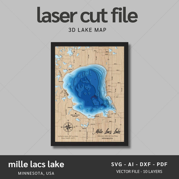 Mille Lacs Lake, Minnesota Laser Map Files - 10 Layers - Svg/Ai/Dxf/Pdf