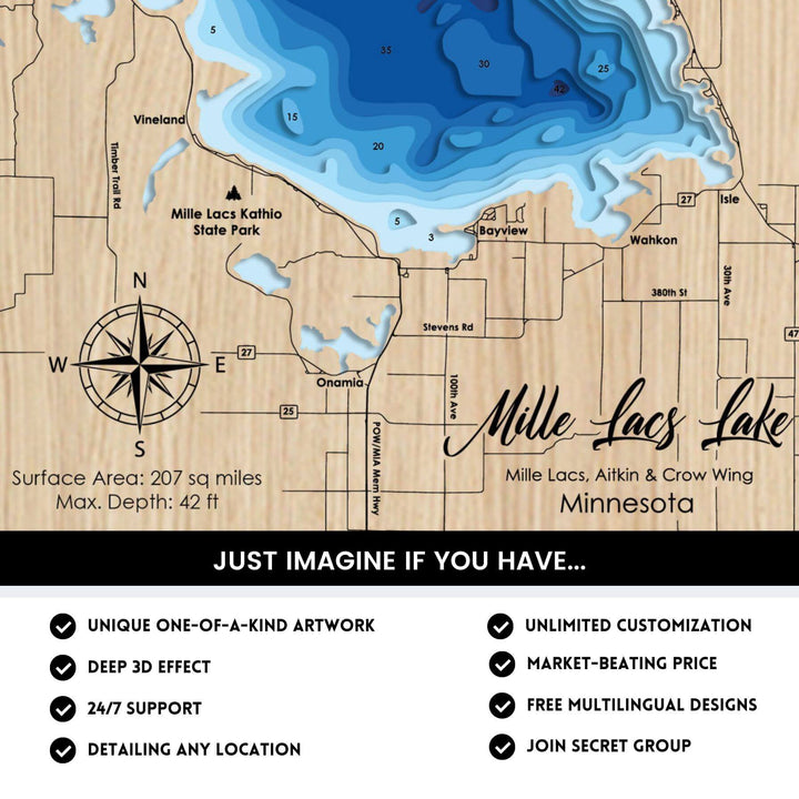 Mille Lacs Lake, Minnesota Laser Map Files 10 Layers Svg/Ai/Dxf/Pdf